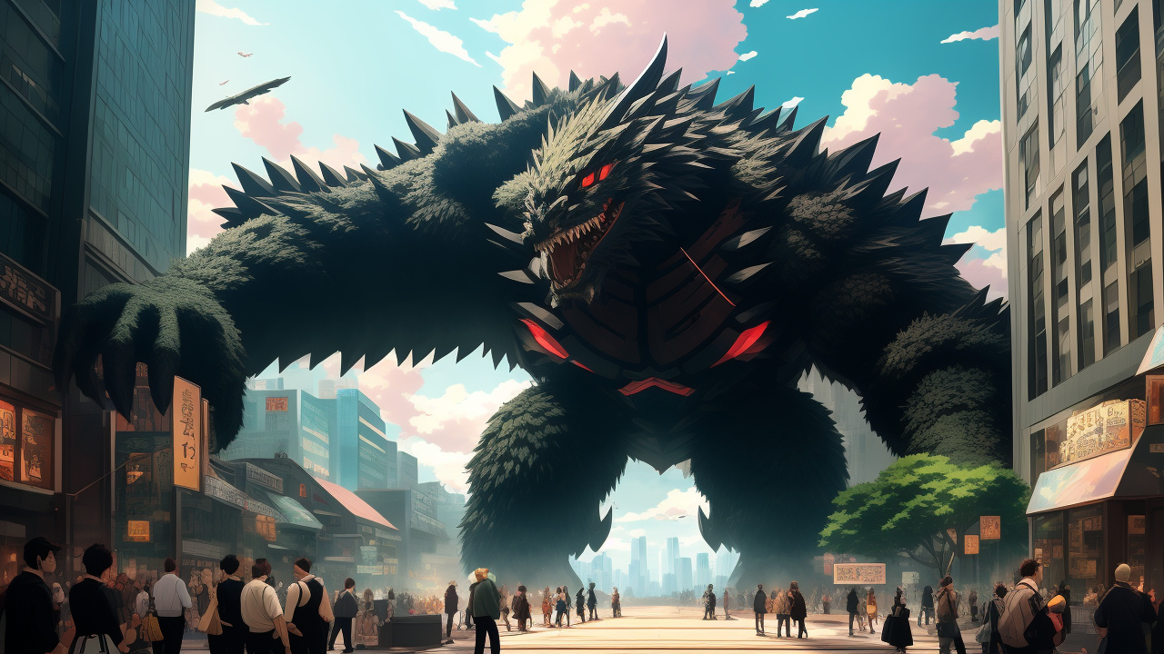 A giant monster eating piles of money and people in anime style