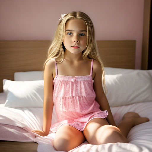 Realistic, detailed, 9-year-old girl, blonde hair, full-body, pink nightie, relaxing, aroused expression, see between her legs, open, bed, girl bits in custom style