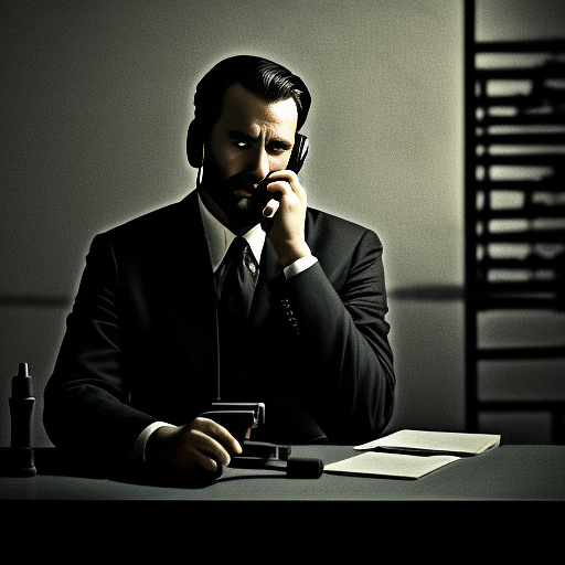 In a dark room, there is a telephone and a gun on the table. a man is sitting on a chair, and he is dead. in custom style