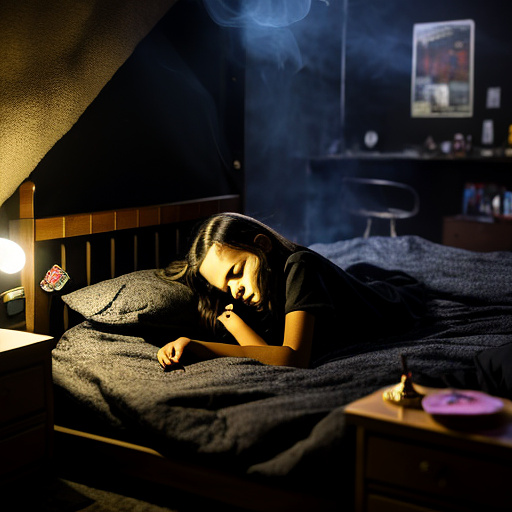 The room is dark, smoky and a mess, the bed is broken. there is an ashtray with an outstanding cigarette on the table. a 13-year-old girl is lying on a bed and crying. in custom style