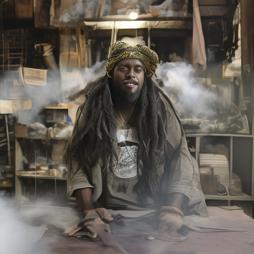 A black rastafarian is sitting on a worktable, smiling happily and smoking. the room is smoky. in custom style