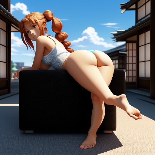A hot woman is sitting on a chair, leaning back and putting her feet on the table. at this moment, the camera is focused entirely on the soles of her feet, as a person smaller than her soles is looking at her and he is under her feet. in anime style
