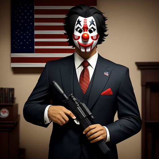 A man in a brown two-peice suit and an american flag clown mask holding an assault rifle in anime style