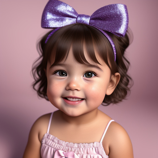 A one year old girl with not a lot of very very light brown short hair, light brown glossy eyes, red chubby cheeks, a very big and cute smile with dimples and she is wearing a purple glittery bow and dress in disney 3d style