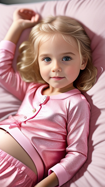 Realistic, detailed, 5-year-old blonde girl, in pink pajamas, pregnant, laying in bed, top down  in custom style