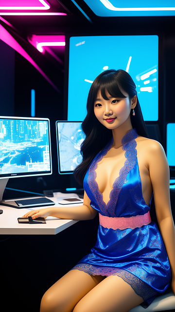 Young korean woman wearing a blue thai dress covered in a pink, lace-patterned sash, with a work desk and a computer. sitting and working office backdrop,ue5, no wear anything,no dressing,naked,big bust,big cleavage,big chest,bare,slender body,white skin,very realistic,full body and smile,the background is bright and bright. in sci-fi style