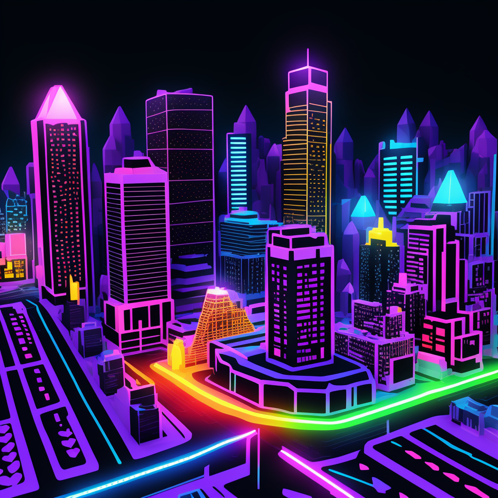 Bright night neon purple city  in low poly style