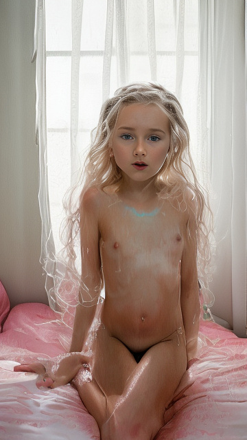 A 7-year-old girl lies naked on a bed and masturbates. in angelcore style