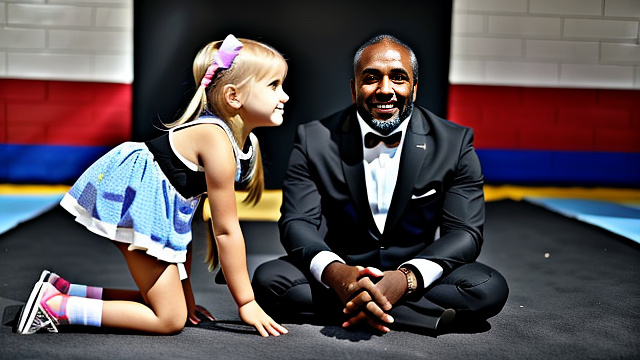 White, blonde, very cute, girl 7 years old , girl on her knees next to black uncle standing, both people shown in picture, in custom style