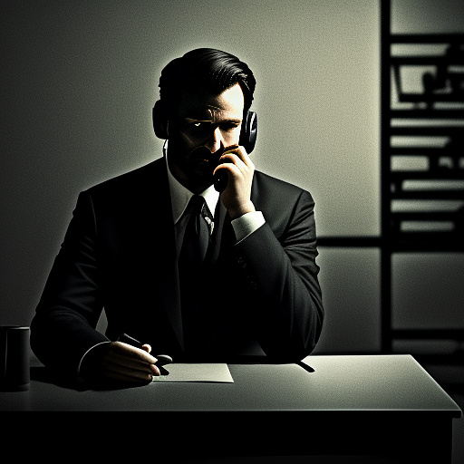 In a dark room, there is a telephone and a gun on the table. a man is sitting on a chair, and he is dead. in custom style