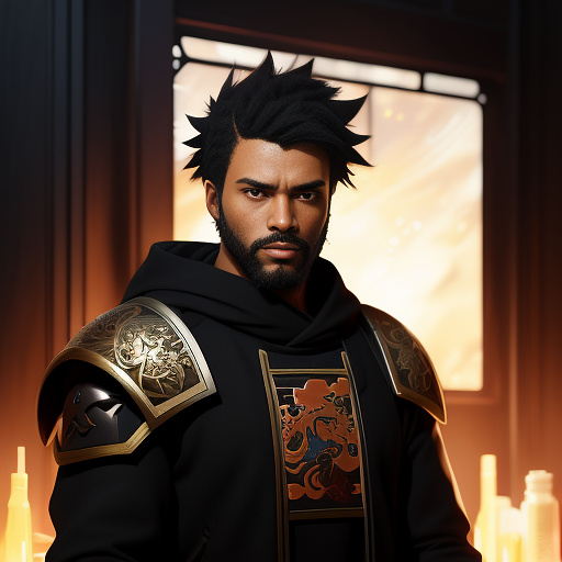 2d renaissance painting of a black male with a short beard, warhammer 40k, rogue trade, mage, psyker, in a dark hideout on a space station,   in anime style