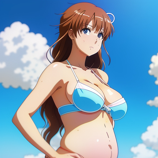 A heavily pregnant woman in a bikini in anime style