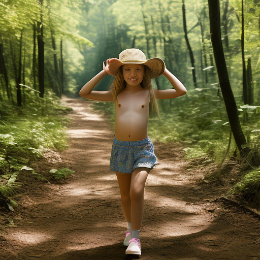 A 9-year-old girl is skipping along a forest path. she has a basket in her hands and a sun hat on her head. she's naked in custom style