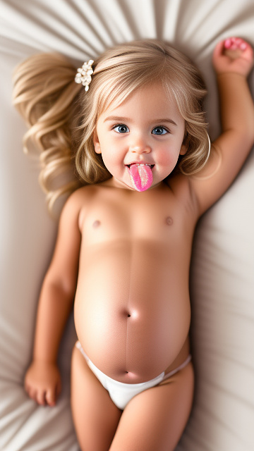 Realistic, detailed, 4-year-old blonde girl, pregnant, tan wedding outfit, showing belly, laying in bed, top down full body view, red blush, tan skin, mouth open, milk in mouth, split leg in custom style