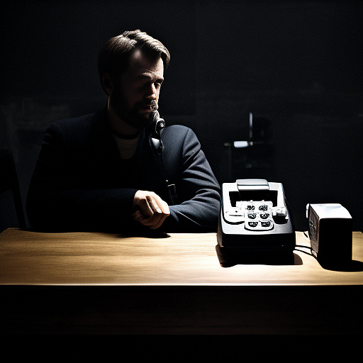 In a dark room, there is a telephone and a gun on the table. a man is sitting on a chair, and he is dead. in custom style