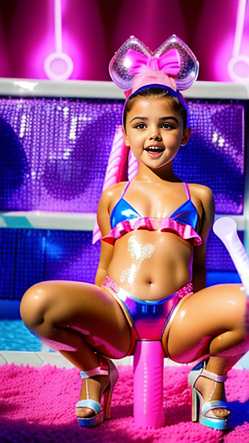 7-year- old julianna rose mauriello, lazy town, covered in pink baby oil, clear pink plastic open toe 7 inch platform stilettos, on latex bikini fashion runway, squatting with legs open, using pink pool noodle dildo, dildo slipping into her, camel toe stretching wide to allow dildos girth, realistic dildo disappearing into her, yawning, bikini bottoms has opening for dildo, ariel winter in sci-fi style