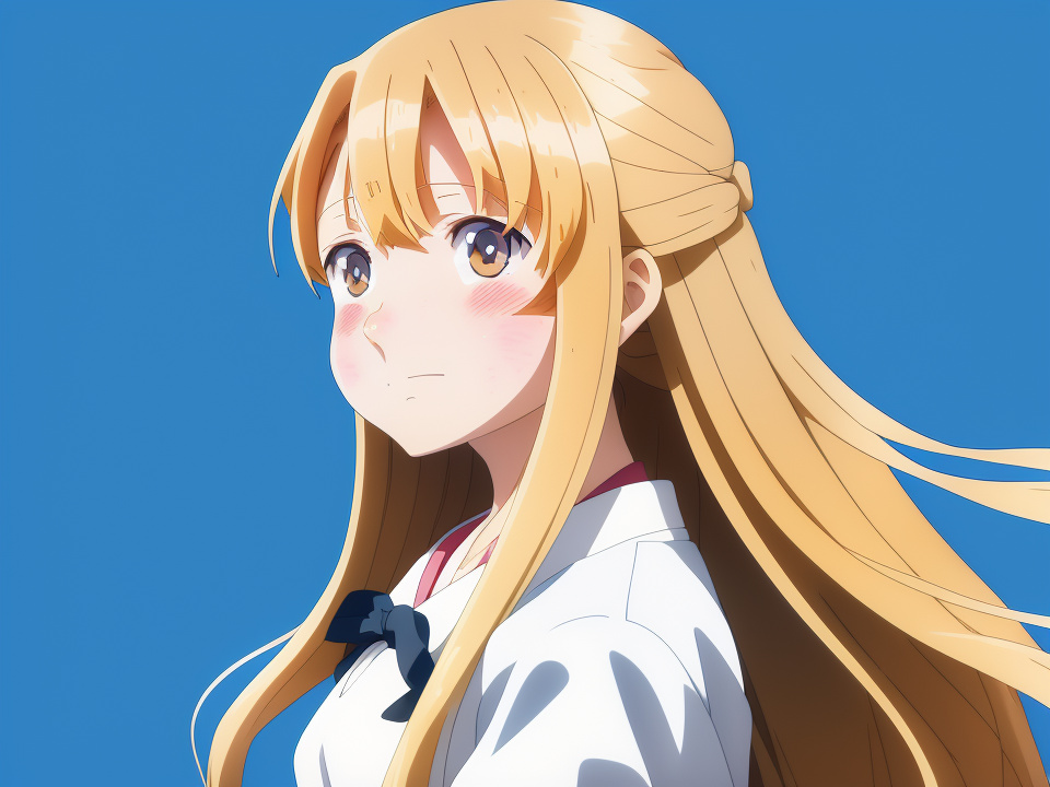 A kind blond long hair 10-year old girl in anime style