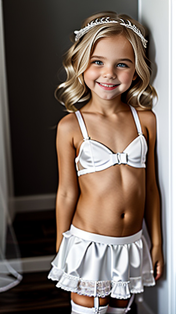 White, blonde, very cute, smiling, girl 4 years old, thin bra, nipples poking , mini skirt, bride tiara, garter belts, in custom style