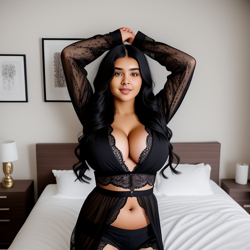 Black hair college student with big boobs and her arms up and in a long sleeve lace robe and long lace pants and showing her belly and cleavage and in the bedroom and whole body portrait  in custom style