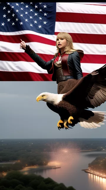 Realistic, highly detailed, taylor swift, riding on a giant bald eagle, fireworks, the american flag in custom style