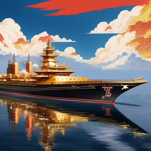 A golden ship with red flags missiles launcher   in anime style

 in anime style