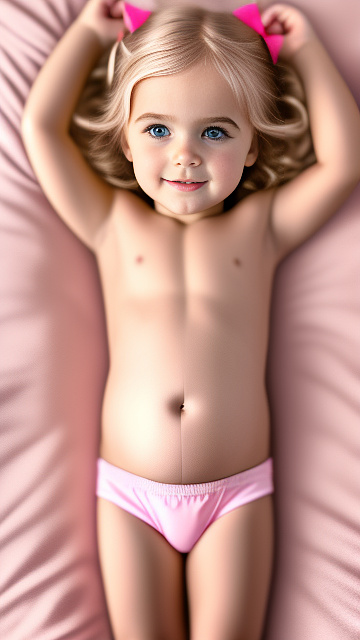 Realistic, detailed, 4-year-old blonde girl, in pink underwear, pregnant, laying in bed, top down full body view, makeup ref blush, hands on belly   in custom style