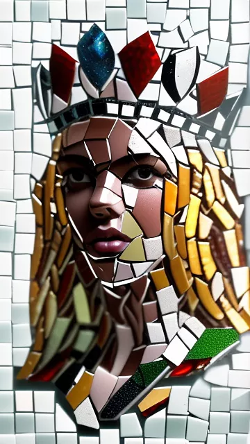 A blonde medieval queen wearing a crown in mosaic style