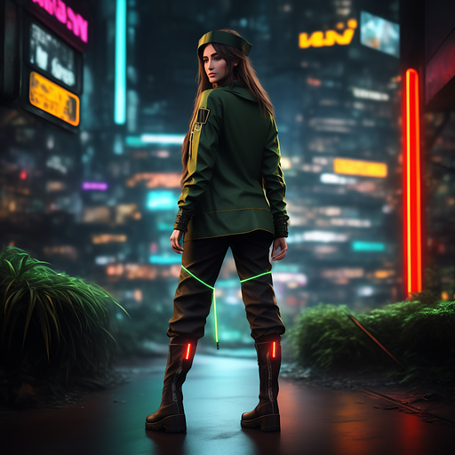 Modest elven fantasy heroine
brown hair
forest ranger
baggy pants
lace up shirt
knee high boots
fantasy guardian in cyberpunk style