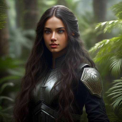 A young woman with long dark hair, beautiful detailed eyes, beautiful detailed lips, extremely detailed face and skin, longeyelashes, wearing a sexy combat outfit, holding a very detailed blaster pistol, raiding an imperial convoy in a lush jungle, action pose, cinematic lighting, dramatic colors, (best quality,4k,8k,highres,masterpiece:1.2),ultra-detailed,(realistic,photorealistic,photo-realistic:1.37),science fiction,concept art in custom style