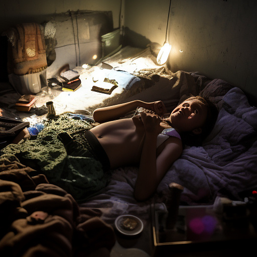 A 13-year-old girl lies on a bed in a dark room and cries. the room is dark, smoky and a mess, the bed is broken. there is an ashtray with an outstanding cigarette on the table. in custom style