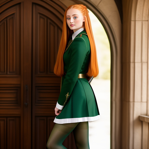 Sophie turner in full harry potter slytherin uniform with green pantyhose without shoes. full body shot in custom style