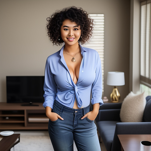 Sexy asian college student with large boobs and short curly hair and in a long sleeve loose knotted button up shirt and jeans pants and showing her cleavage and standing in the living room and full body picture in custom style
