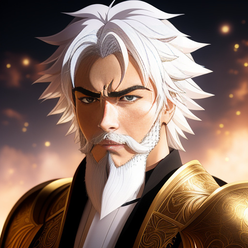 
a man with white hair and white and pink eyes in the shadow in front of a lord with golden armor and a very beautiful face. in anime style