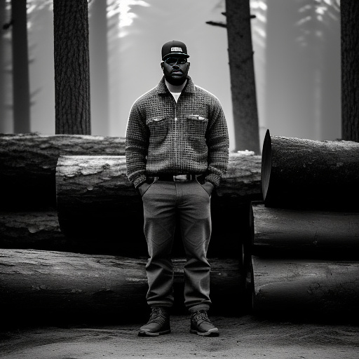 Full body portrait of an african american lumberjack wearing hearing protection and safety glasses standing next to a pile of logs
 in bw photo style