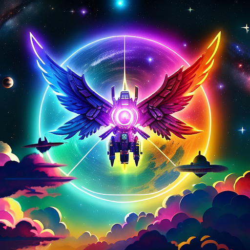 A cheerful transformer flies through space against the backdrop of planets. in angelcore style