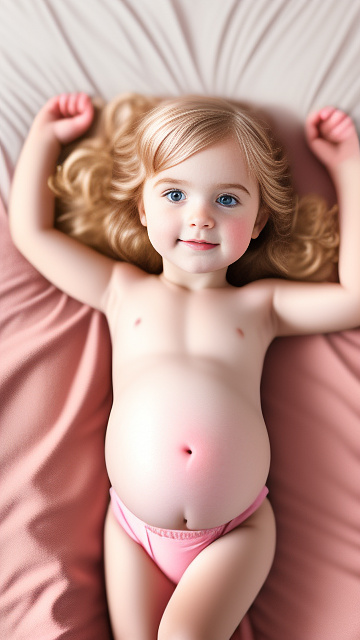 Realistic, detailed, 4-year-old blonde girl, in pink dress, pregnant, laying in bed, top down full body view, red blush, right hand on belly   in custom style