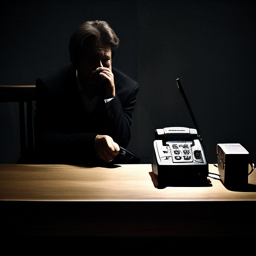 In a dark room, there is a telephone and a gun on the table. a man is sitting on a chair, and he is dead. in custom style