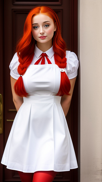 Sophie turner,huge jugs, wearing a white pinafore dress, red pantyhose, and red loafers in custom style