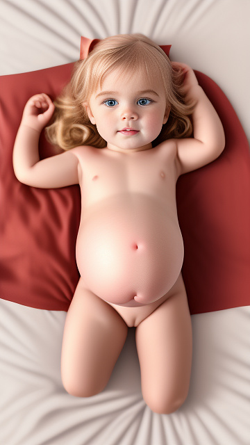 Realistic, detailed, 4-year-old blonde girl, in red peach dress, pregnant, laying in bed, top down full body view, red blush, right hand on belly   in custom style