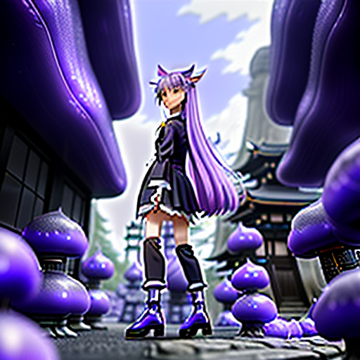 Female, tall, thin, long light purple hair, long hair, fluffy light purple cat ears, sleek purple dress shirt, tall black boots, black pants,  hand on hip, blue eyes, soft smirk, walking through crystal cave, pillars, fantasy city in anime style