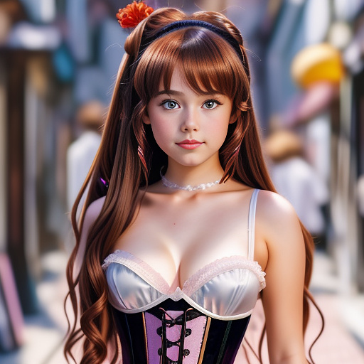  13 year old, teen girl in corset, realistic photograph, nonude in anime style