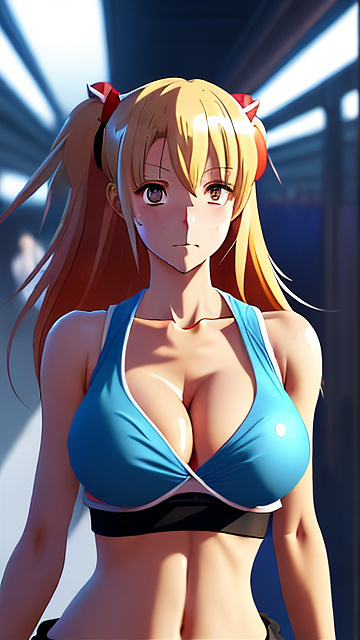 Hot anime girl, front facing, very large chest, very big breasts, tight shirt with a boob window, mini skirt, facing forward, thin face, skinny, ripped clothes, cleavage, looking forward, seductive face, facing forward in anime style