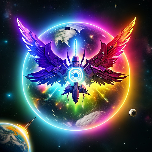A cheerful transformer flies through space against the backdrop of planets. in angelcore style