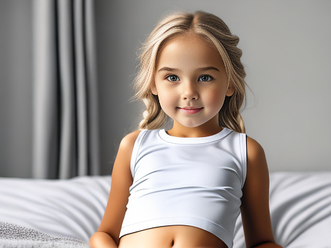 Realistic, detailed, 6-year-old girl, blonde hair, full-body, grey school mini-skirt, white sports top, relaxing on bed, aroused expression, looking between her legs, girl bits, in custom style