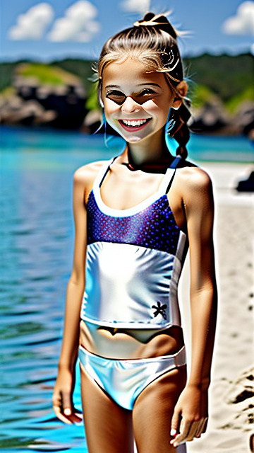 Skinny,white, blonde, very cute, smiling, girl 10years old, swimsuit in custom style