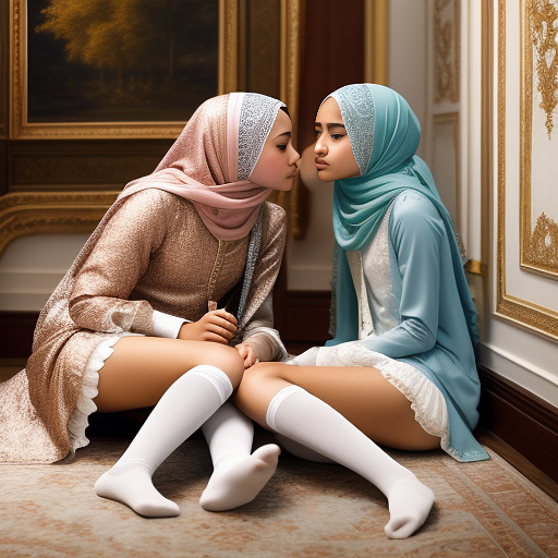 Two teen hijab girl with thin socks and kissing in rococo style