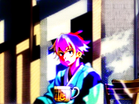 Blond teen male with light gray eyes, sitting, drinking coffee in anime style