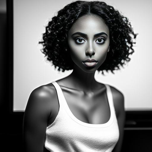Realistic photo of a beautiful very skinny petite brunette woman, big eyes, latina, white skin, big mouth, thin face wearing a mini skirt and mini top in bw photo style
