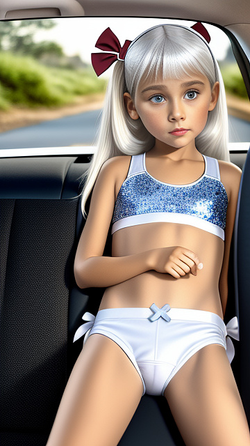A thin blonde 9 years old in a school uniform and white children's panties, with short white hair, she languidly lies in the car in the back seat, her legs are spread apart, bows on her head in disney painted style