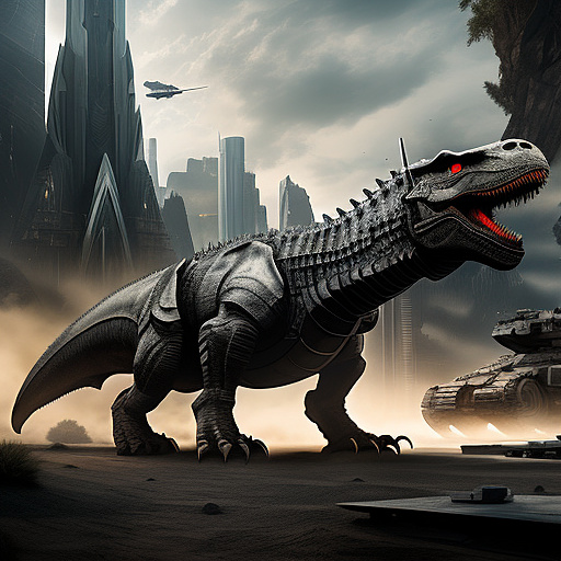 T-rex with armor and a laser gun in sci-fi style
